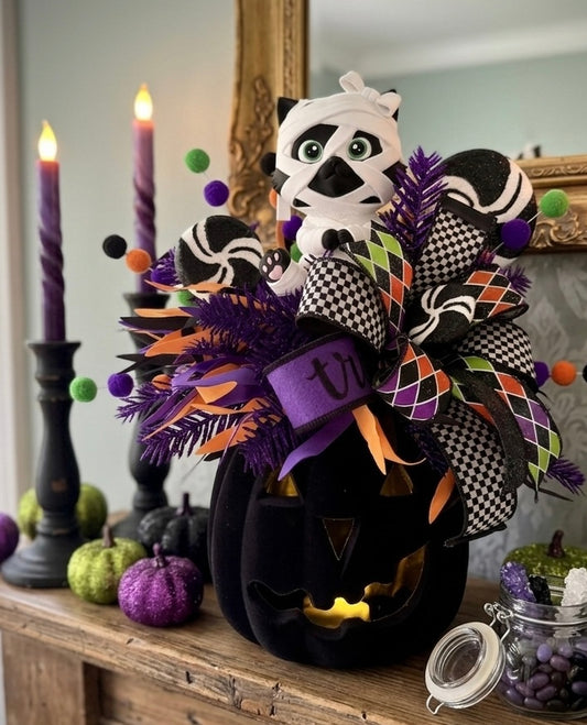 Moonbeam the Mummy Kitty Halloween Arrangement with Light Up Pumpkin