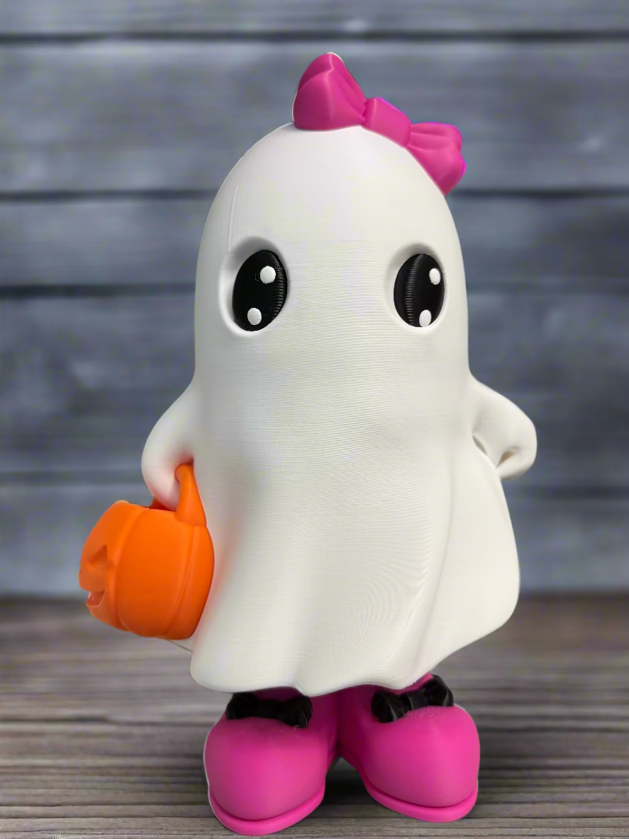 3D Printed Adorable Trick or Treat Ghost Figurine | Customizable Bows | Halloween Decor | Wreath & Mantle Accent