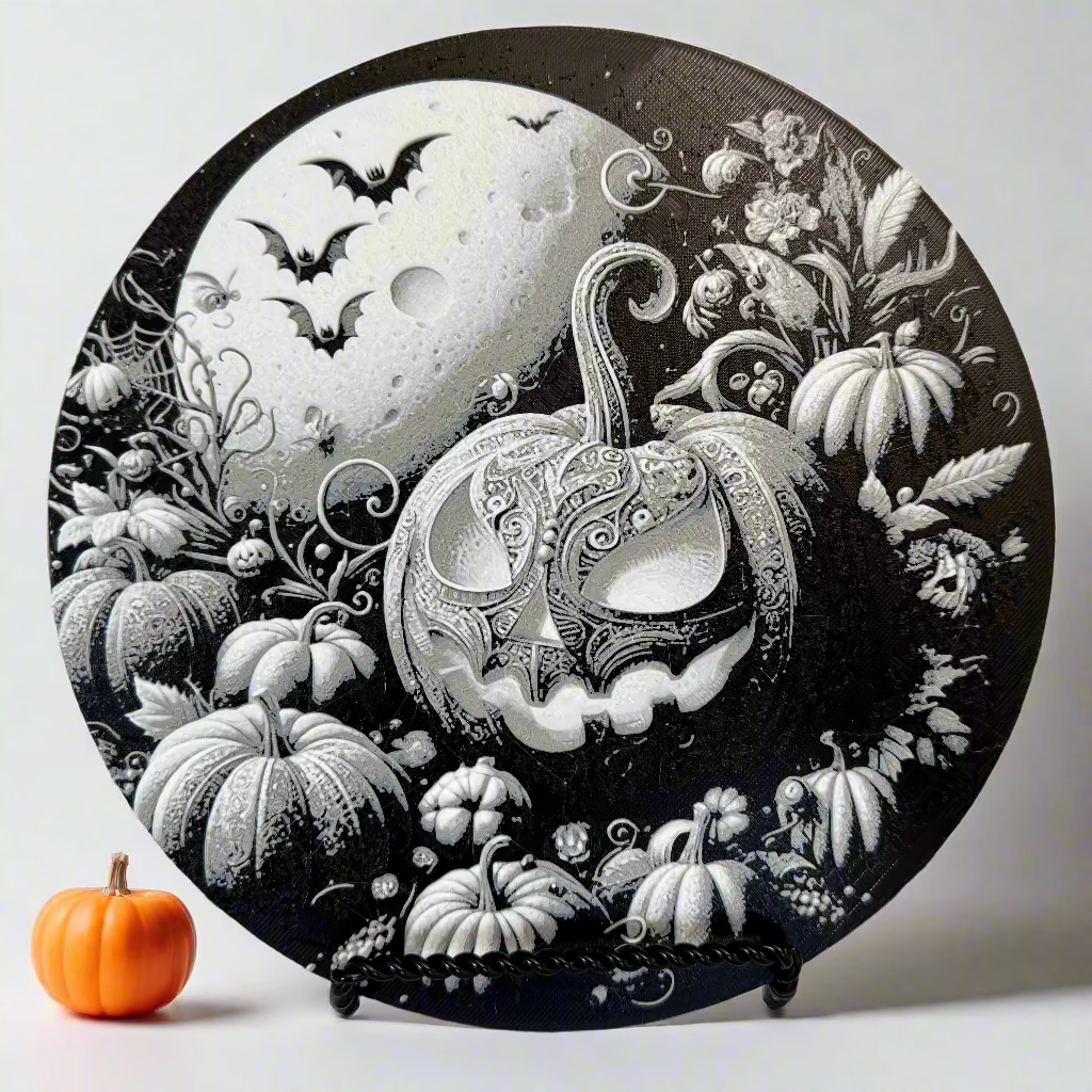3D Printed Hue Forge Halloween Sign | Jack-o'-Lantern & Bat Scene | Round Spooky Decor