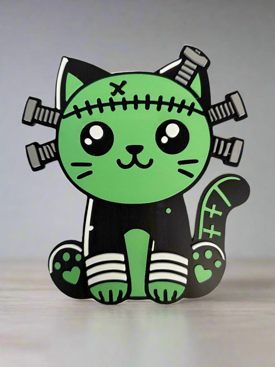 Green and black cat-like creature with mechanical parts on a striped background
