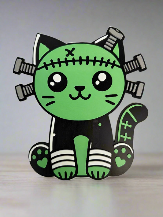 Green and black cat-like creature with mechanical parts on a striped background