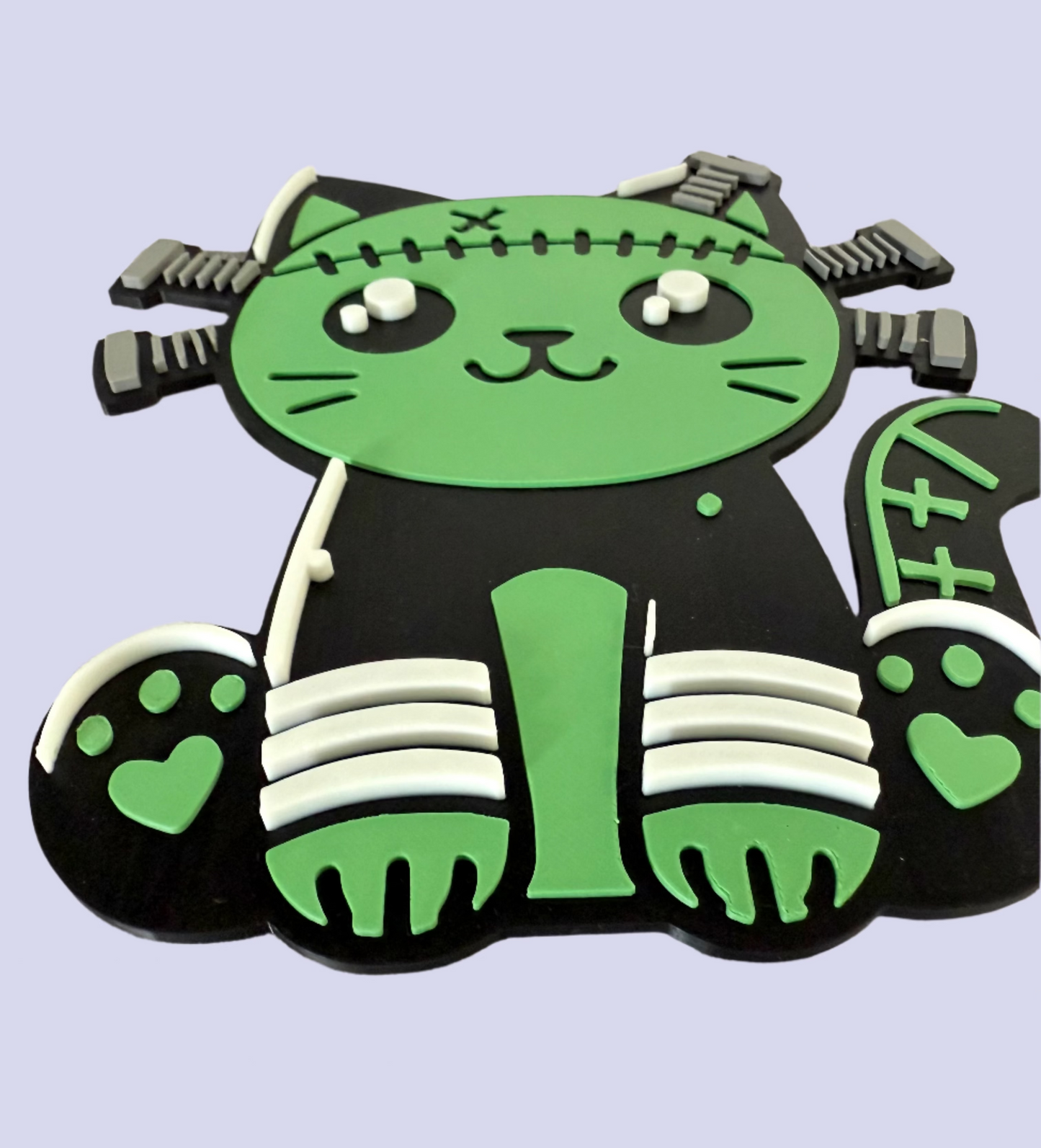 Adorable Franken-Kitty Flat 3D Printed Accent | Halloween Cat Decor | Wreath & Tiered Tray Fun