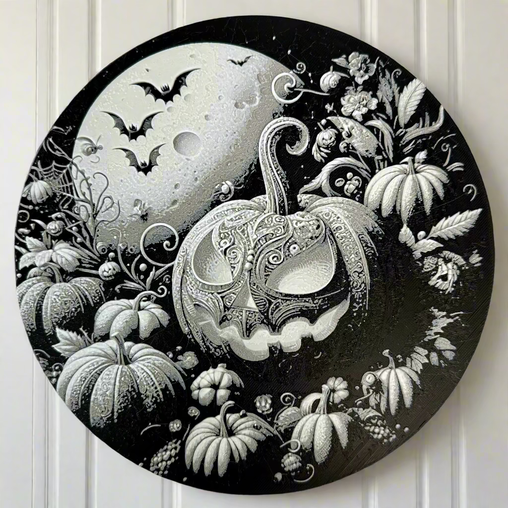 3D Printed Hue Forge Halloween Sign | Jack-o'-Lantern & Bat Scene | Round Spooky Decor