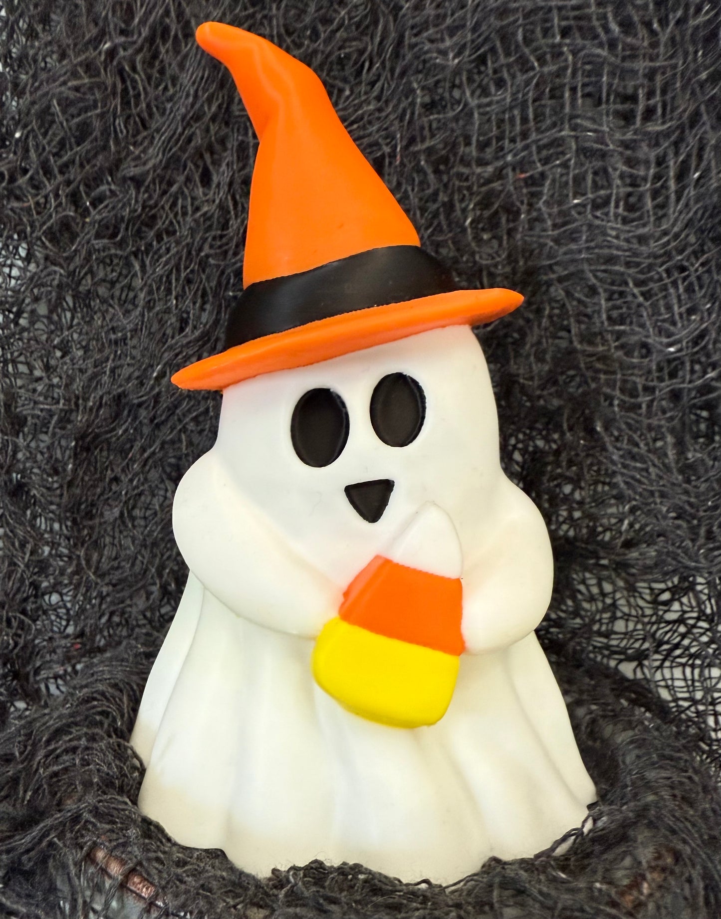 Adorable 6-Inch Ghost in a Witch Hat Holding Candy Corn – 3D Printed Halloween Decor