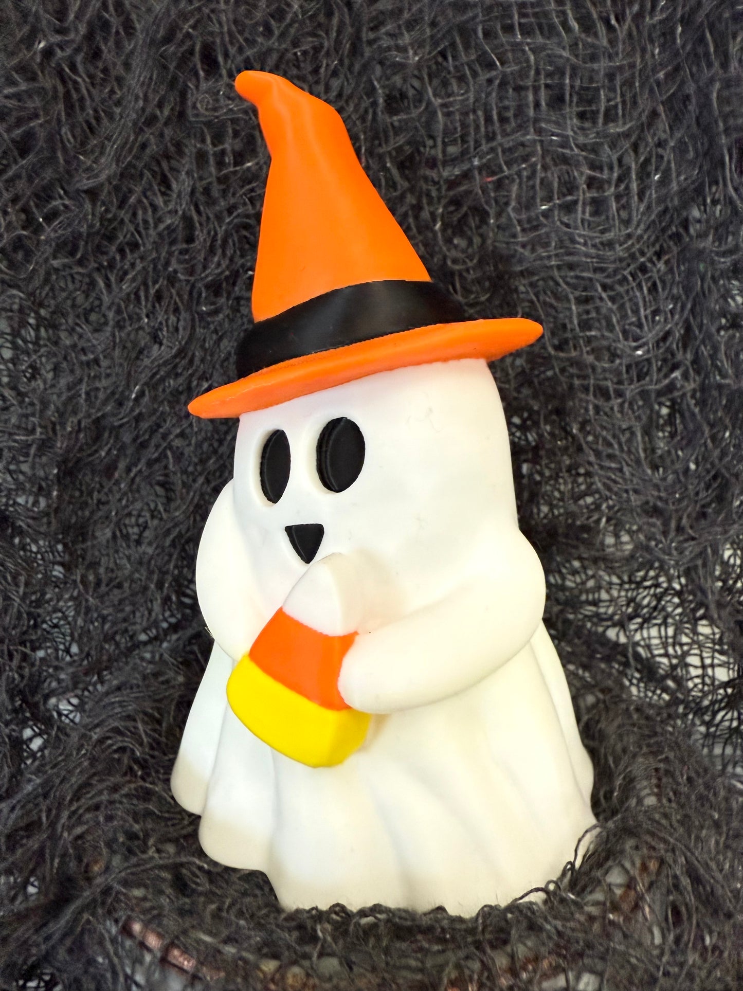 Adorable 6-Inch Ghost in a Witch Hat Holding Candy Corn – 3D Printed Halloween Decor