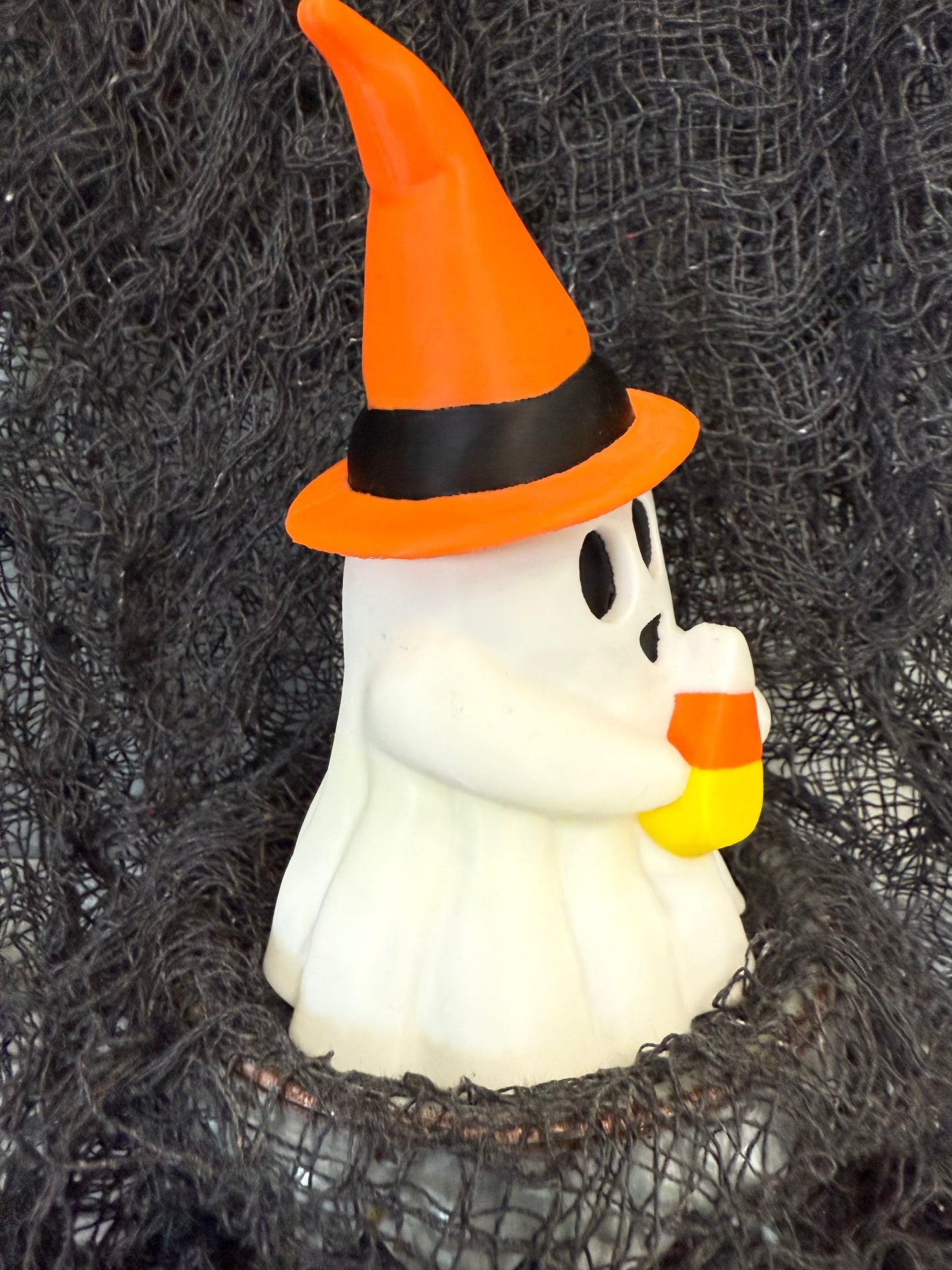 Adorable 6-Inch Ghost in a Witch Hat Holding Candy Corn – 3D Printed Halloween Decor