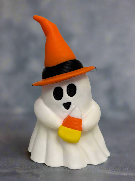 Adorable 6-Inch Ghost in a Witch Hat Holding Candy Corn – 3D Printed Halloween Decor