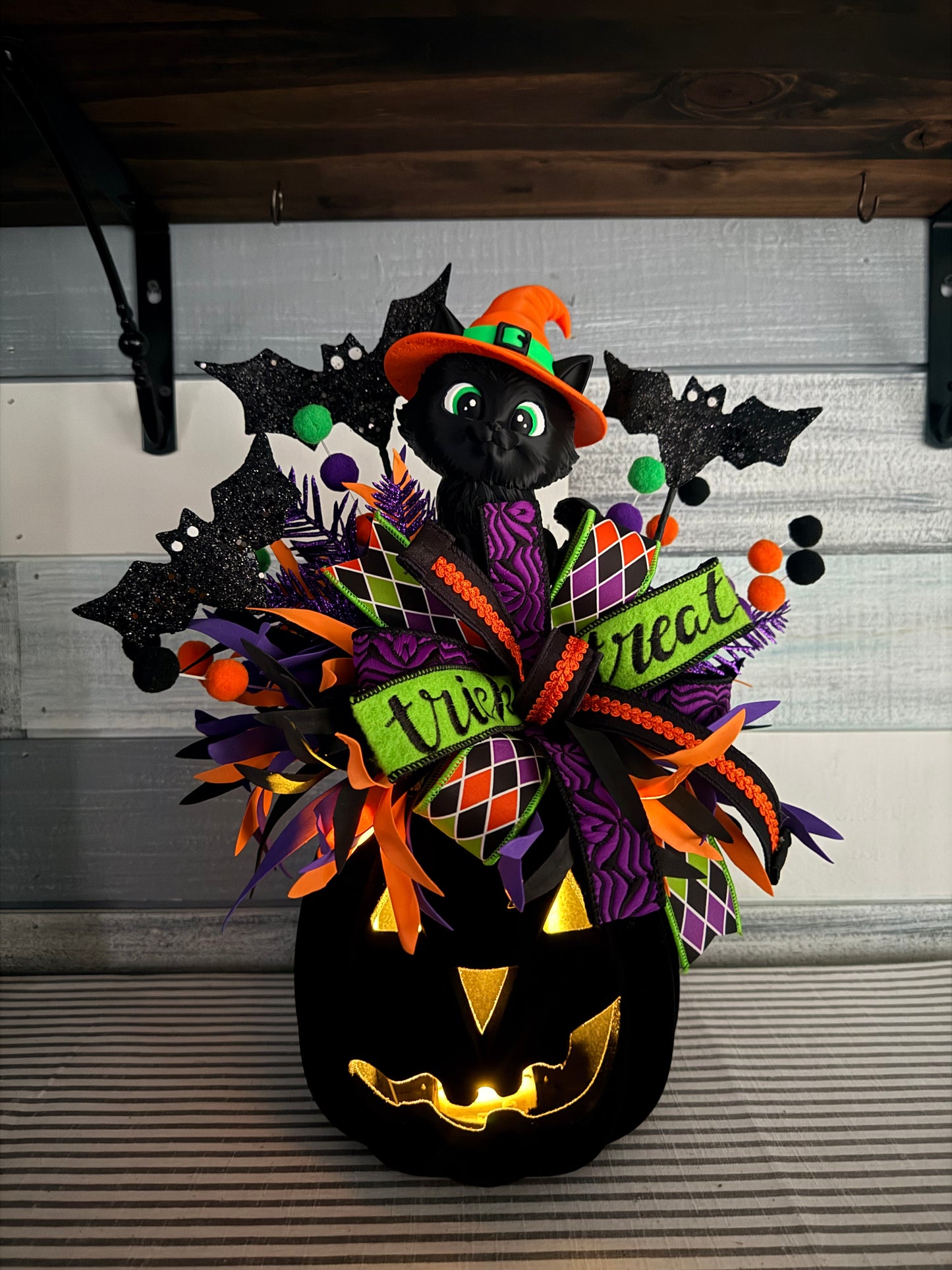 Made To Order for Genie—.          Enchanted Witch Kitty Light-Up Halloween Pumpkin Centerpiece