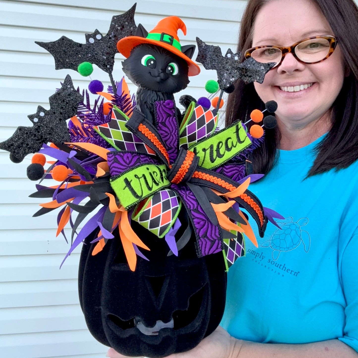Made To Order for Genie—.          Enchanted Witch Kitty Light-Up Halloween Pumpkin Centerpiece