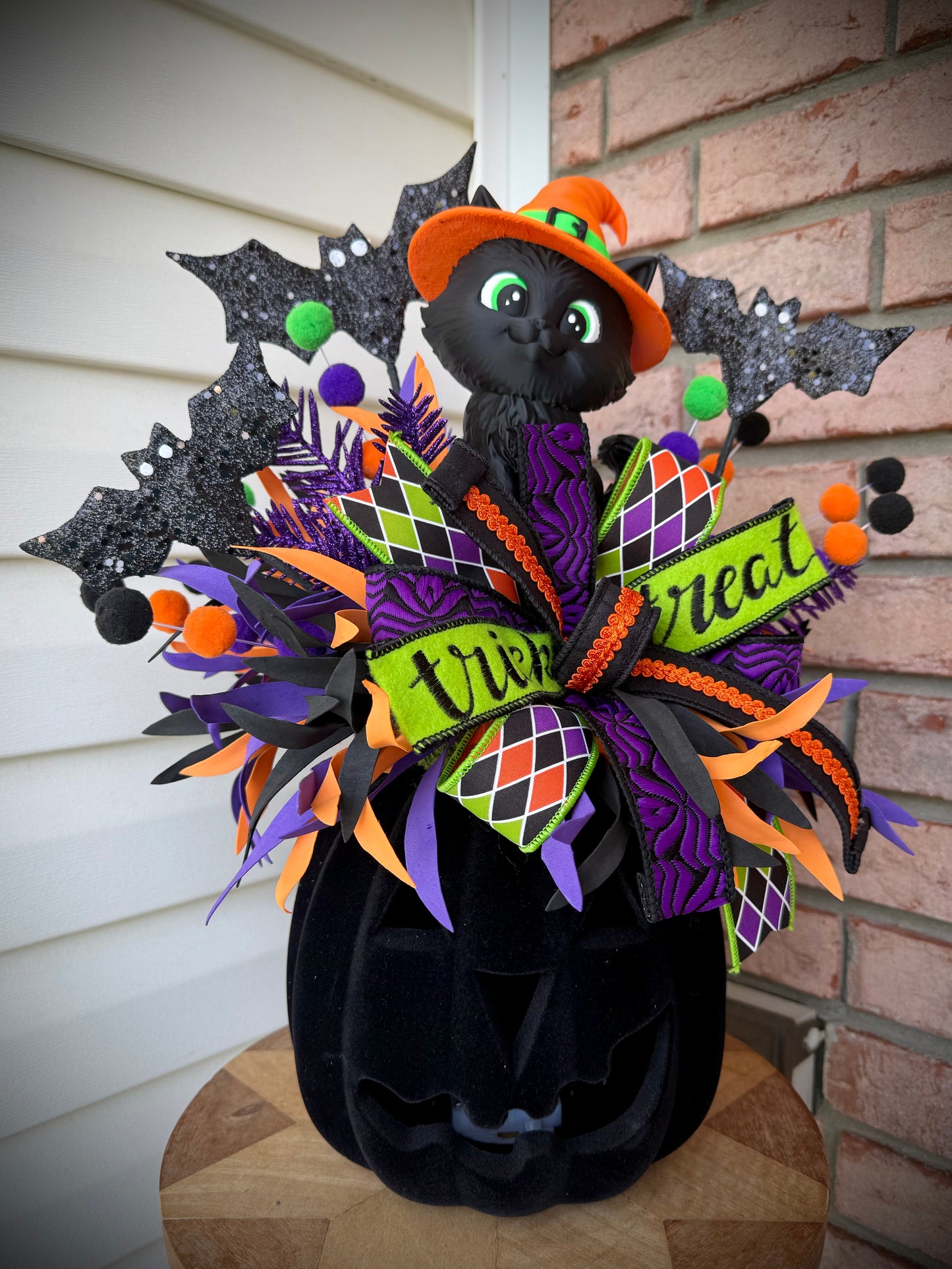 Made To Order for Genie—.          Enchanted Witch Kitty Light-Up Halloween Pumpkin Centerpiece