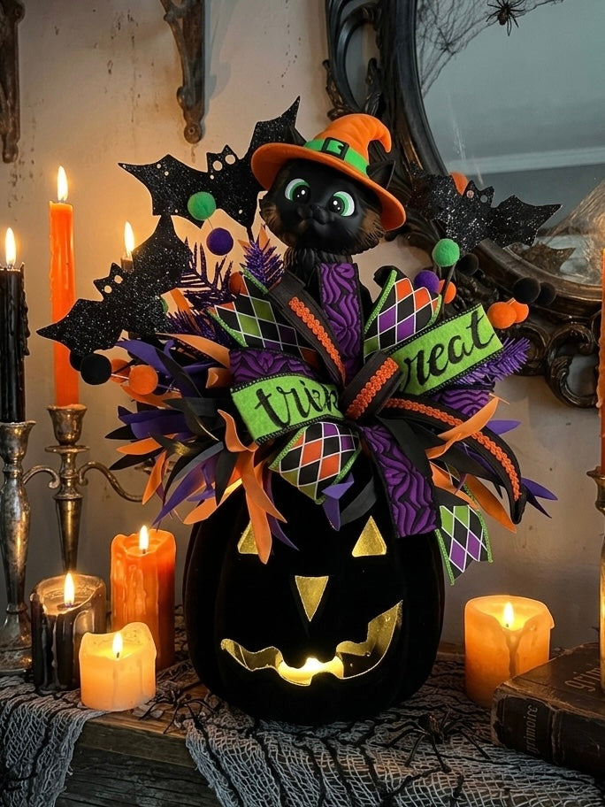 Made To Order for Genie—.          Enchanted Witch Kitty Light-Up Halloween Pumpkin Centerpiece