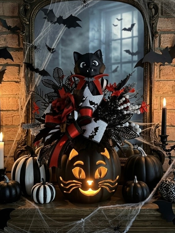 Made to Order for Karen-                     Sweet Halloween Centerpiece with Exclusive Light-Up Kitty Pumpkin & Dracula Cat