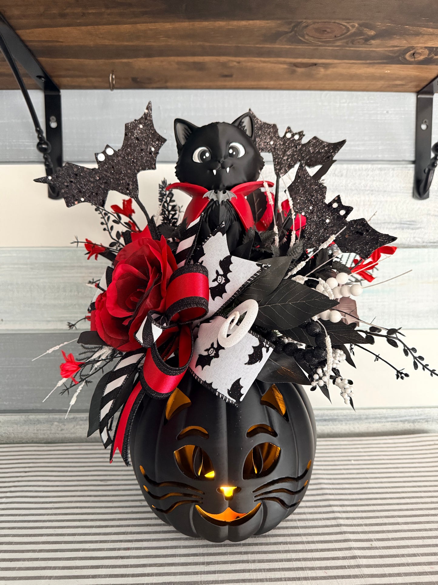 ***Made to Order**** Halloween Centerpiece with Exclusive Light-Up Kitty Pumpkin & Dracula Cat