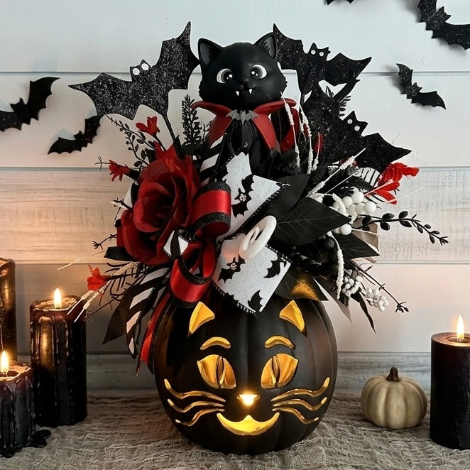 ***Made to Order**** Halloween Centerpiece with Exclusive Light-Up Kitty Pumpkin & Dracula Cat