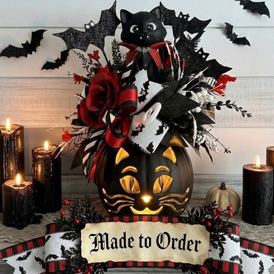 ***Made to Order**** Halloween Centerpiece with Exclusive Light-Up Kitty Pumpkin & Dracula Cat