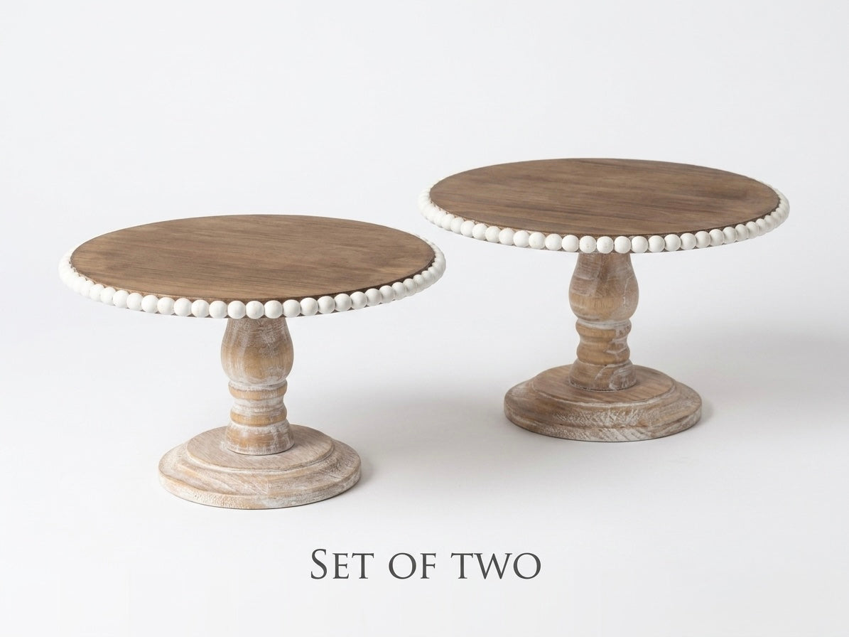 Rustic Whitewashed Wood Pedestal Stand with Beaded Edge (Set of 2)