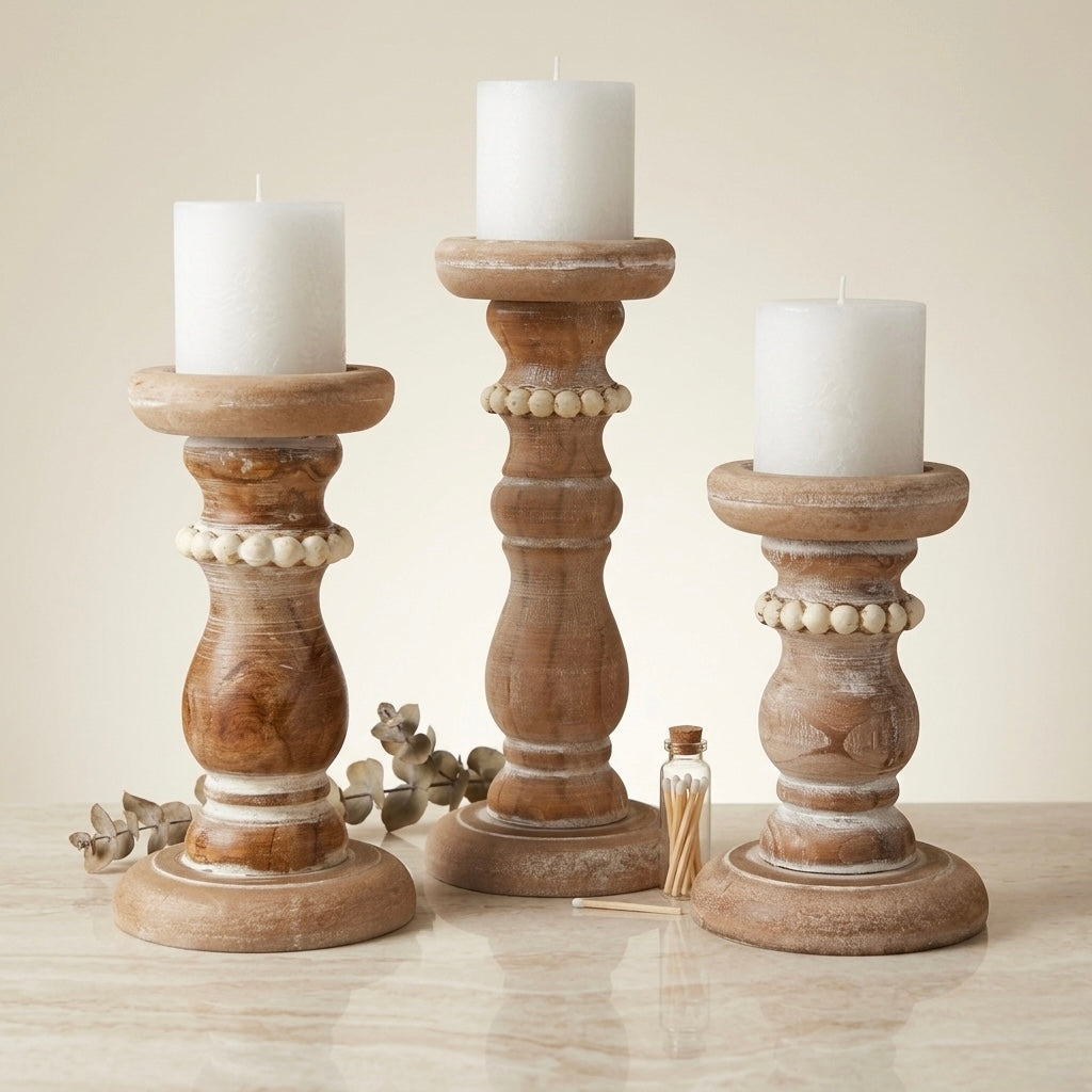 Rustic Whitewashed Wood Candle Holder Set (Set of 3)