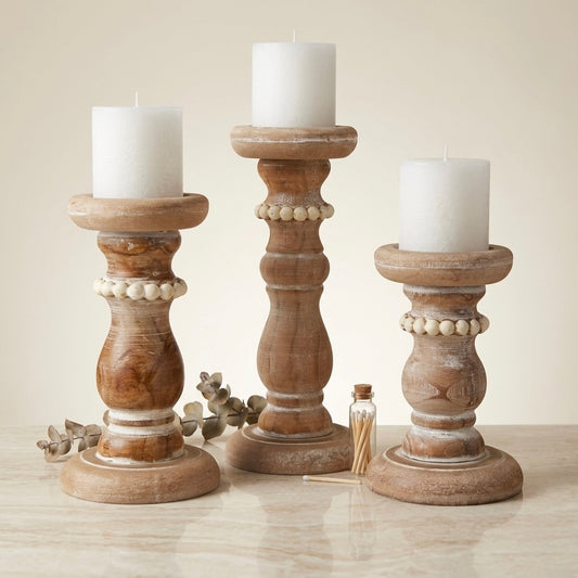 Rustic Whitewashed Wood Candle Holder Set (Set of 3)
