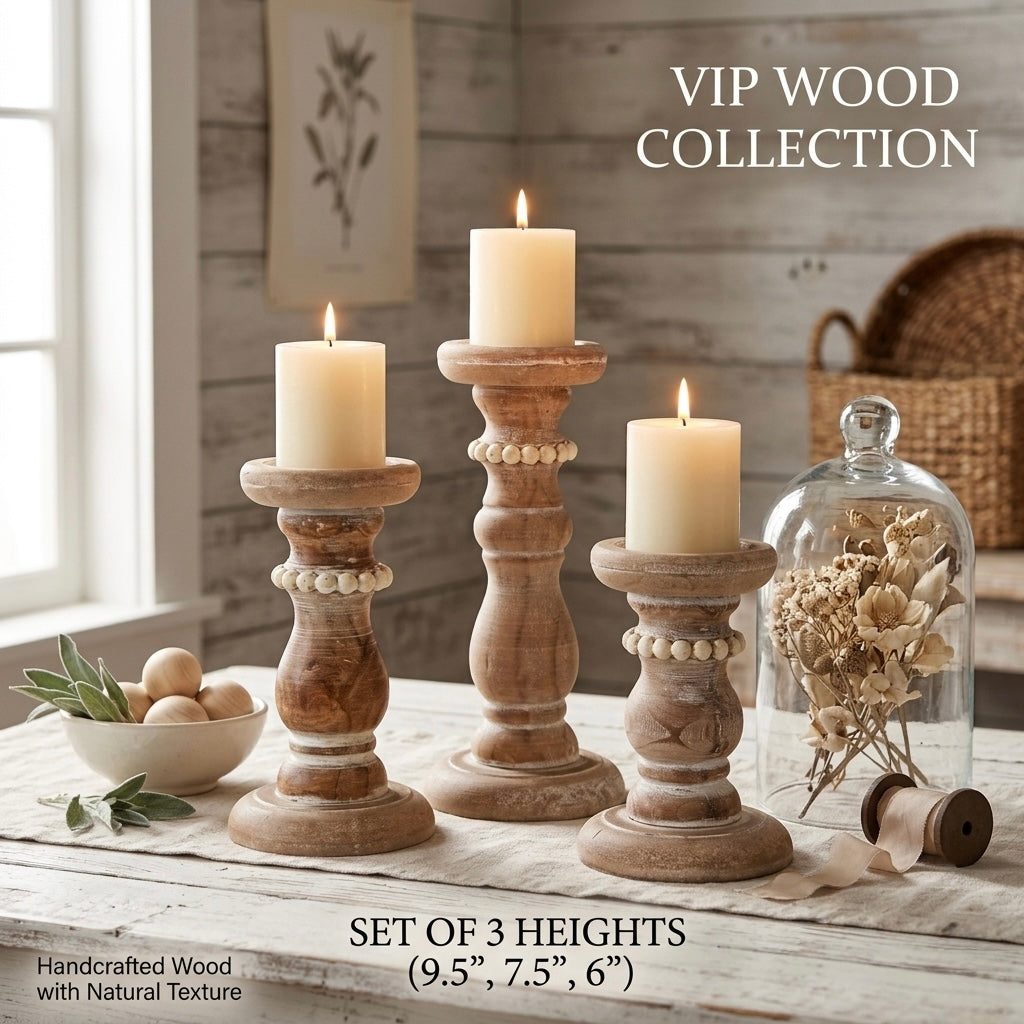 Rustic Whitewashed Wood Candle Holder Set (Set of 3)