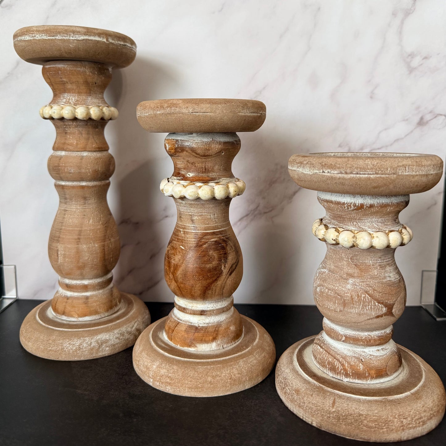 Rustic Whitewashed Wood Candle Holder Set (Set of 3)