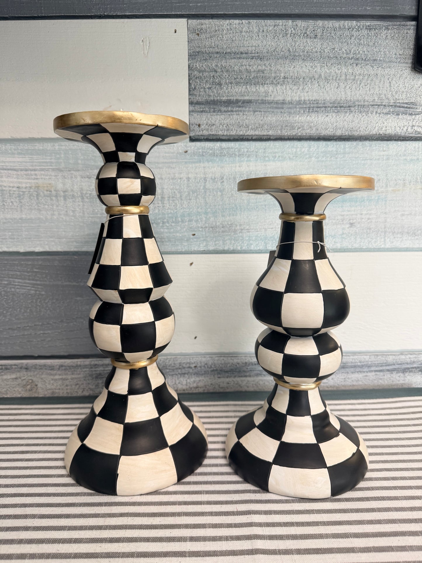 Antiqued Black & White Checkered Resin Pillar Candle Holders (Set of 2)