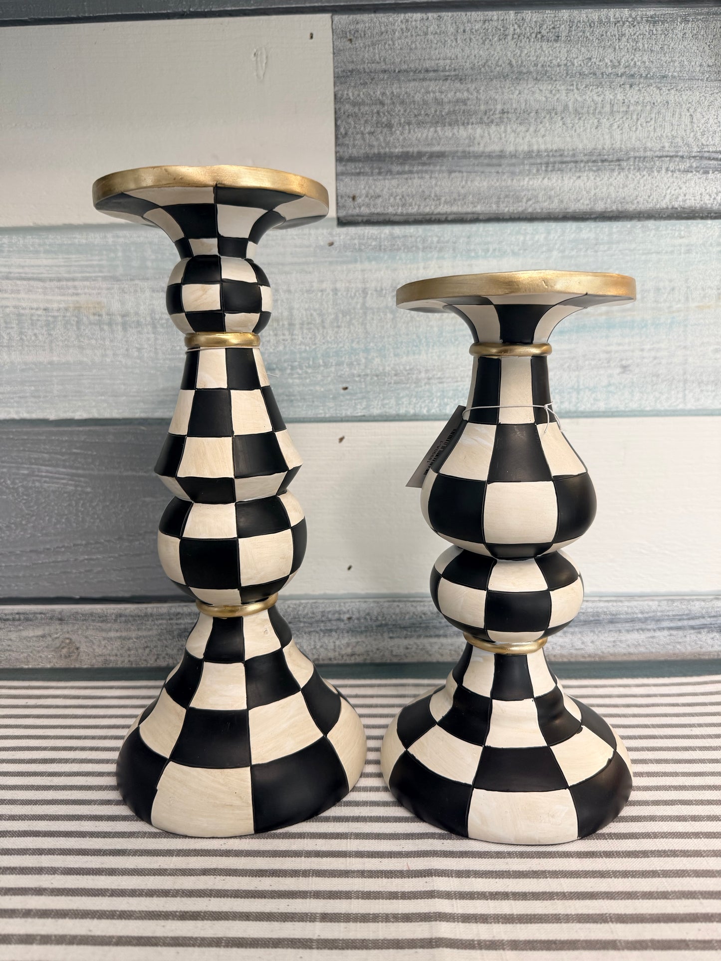 Antiqued Black & White Checkered Resin Pillar Candle Holders (Set of 2)