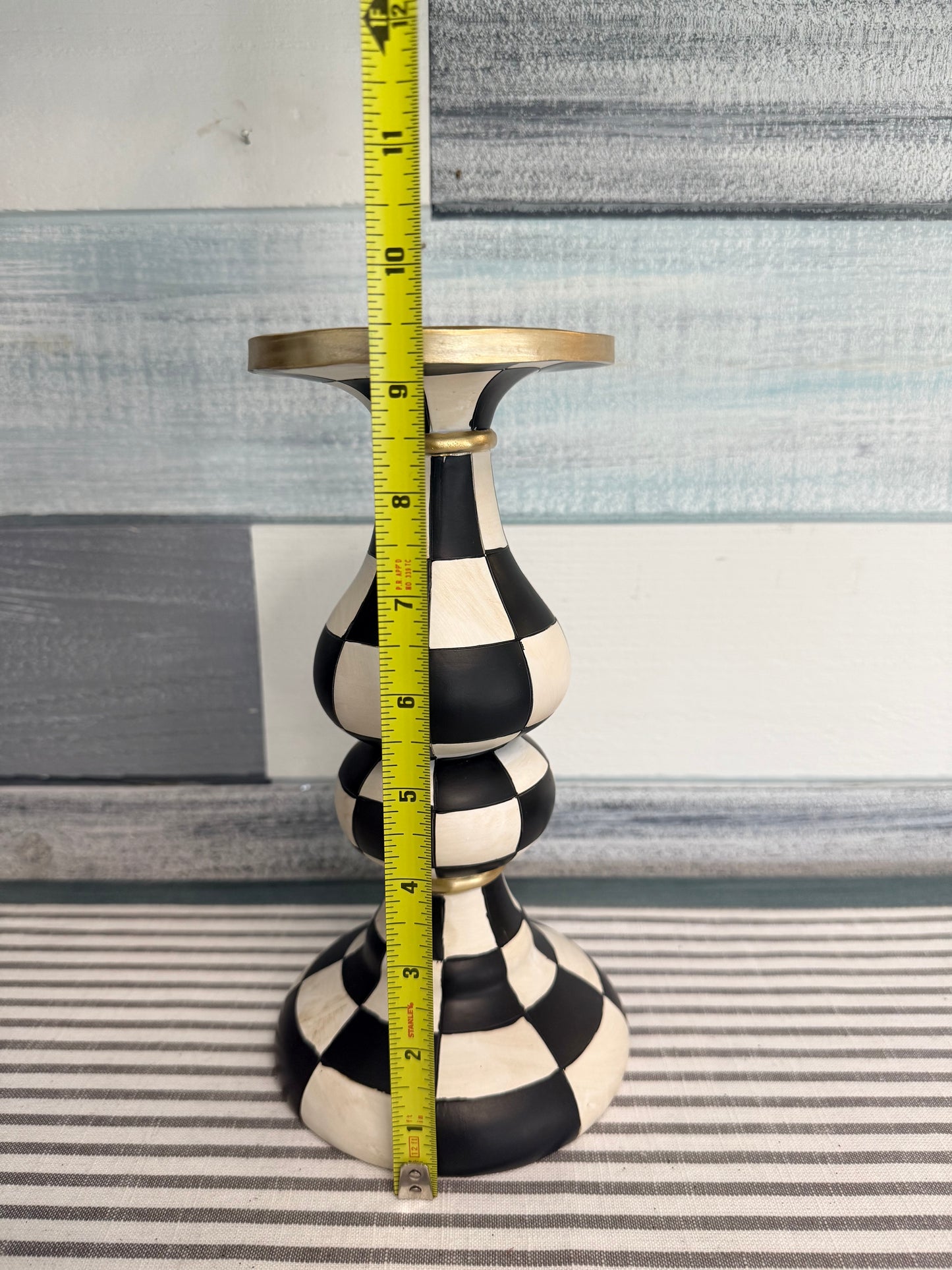 Antiqued Black & White Checkered Resin Pillar Candle Holders (Set of 2)