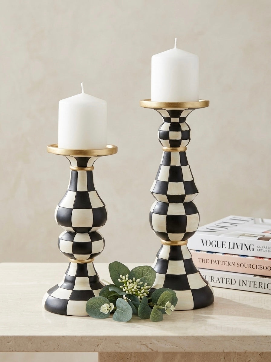 Antiqued Black & White Checkered Resin Pillar Candle Holders (Set of 2)