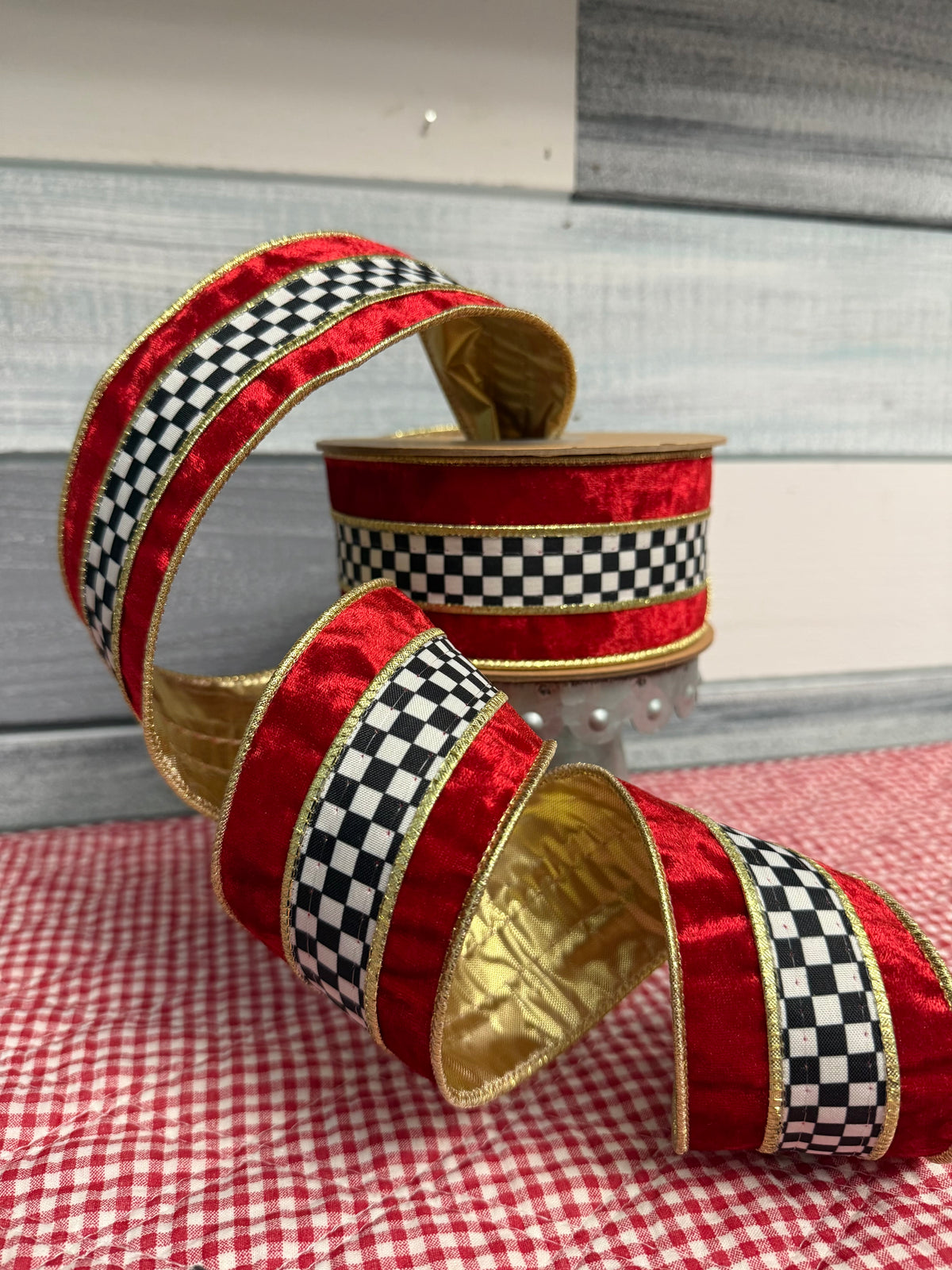 Black-and-White Check & Red Velvet Wired Ribbon- 2 1/2"