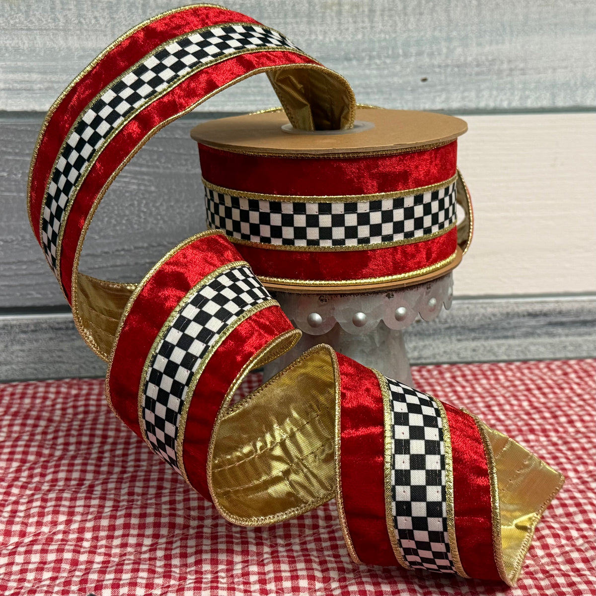 Black-and-White Check & Red Velvet Wired Ribbon- 2 1/2"