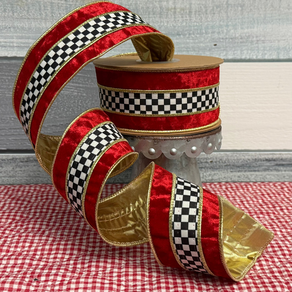 Black-and-White Check & Red Velvet Wired Ribbon- 2 1/2"