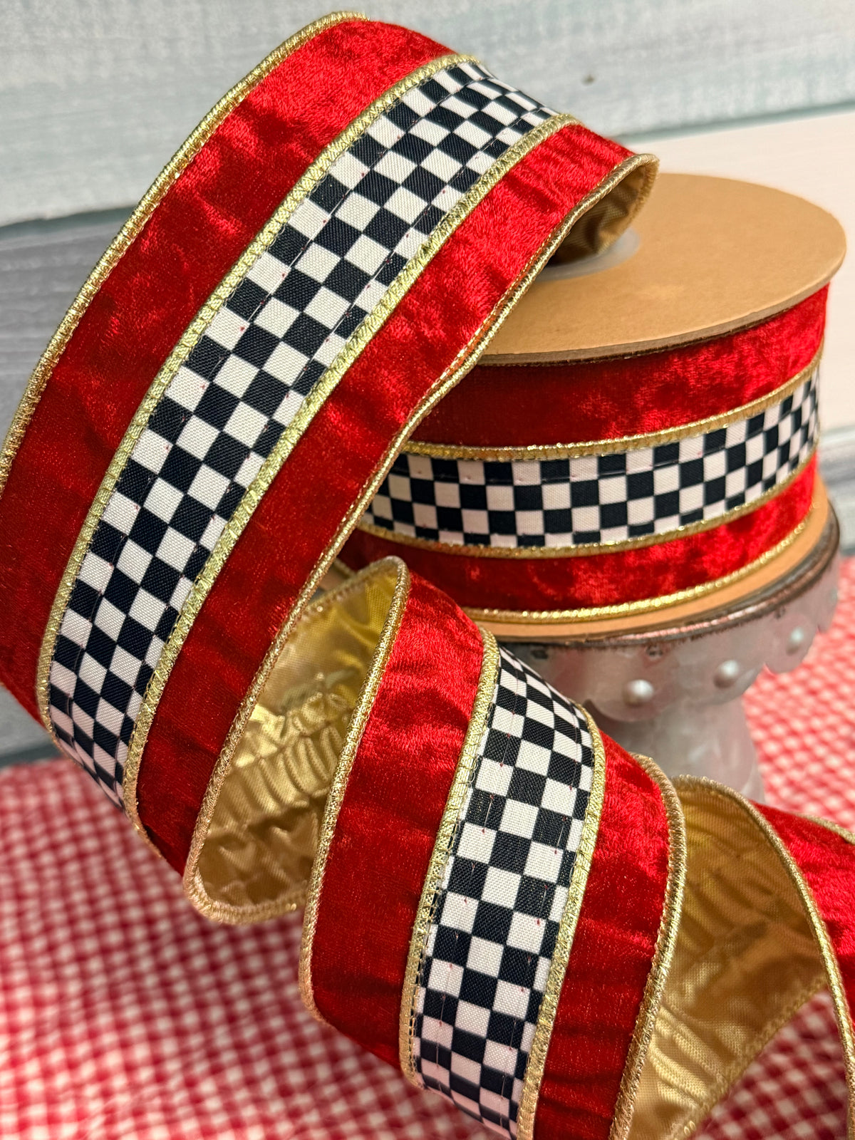 Black-and-White Check & Red Velvet Wired Ribbon- 2 1/2"