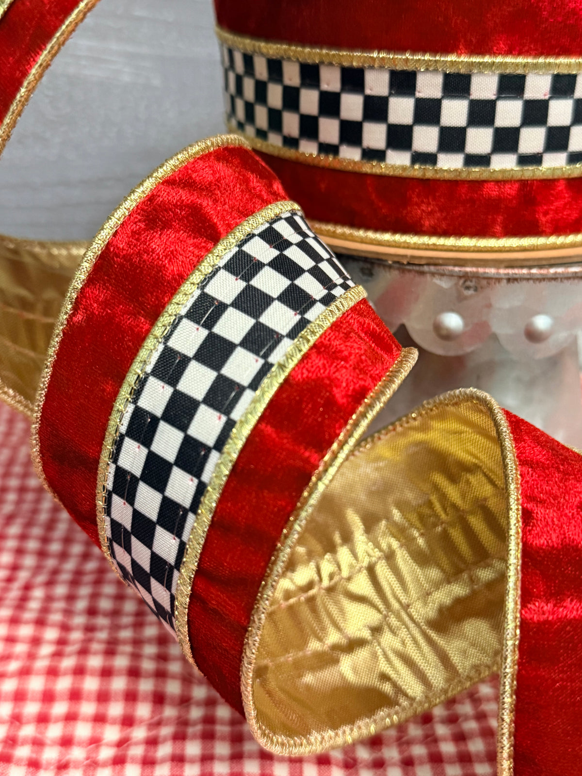 Black-and-White Check & Red Velvet Wired Ribbon- 2 1/2"