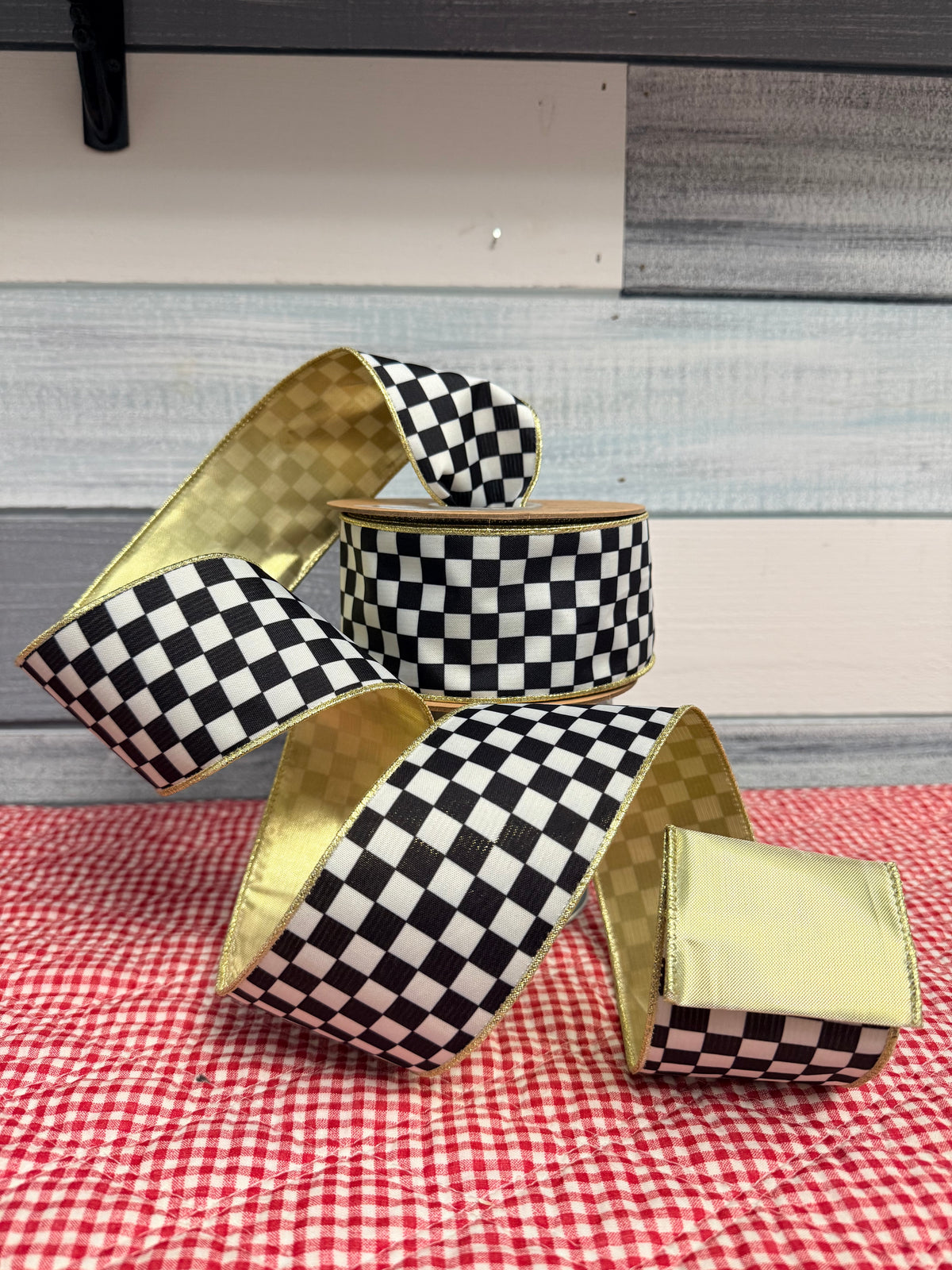 Classic Black-and-White Check Wired Ribbon- 2 1/2"