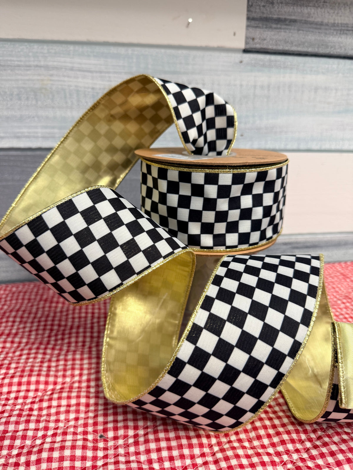 Classic Black-and-White Check Wired Ribbon- 2 1/2"