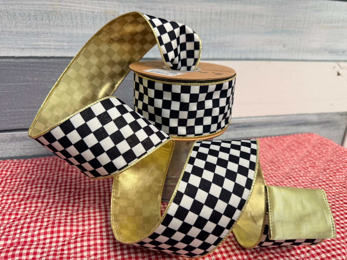 Classic Black-and-White Check Wired Ribbon- 2 1/2"