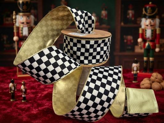 Classic Black-and-White Check Wired Ribbon- 2 1/2"