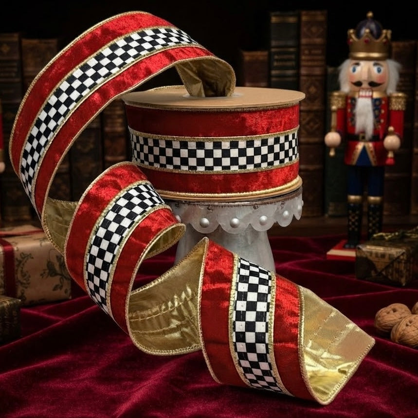 Black-and-White Check & Red Velvet Wired Ribbon- 2 1/2"