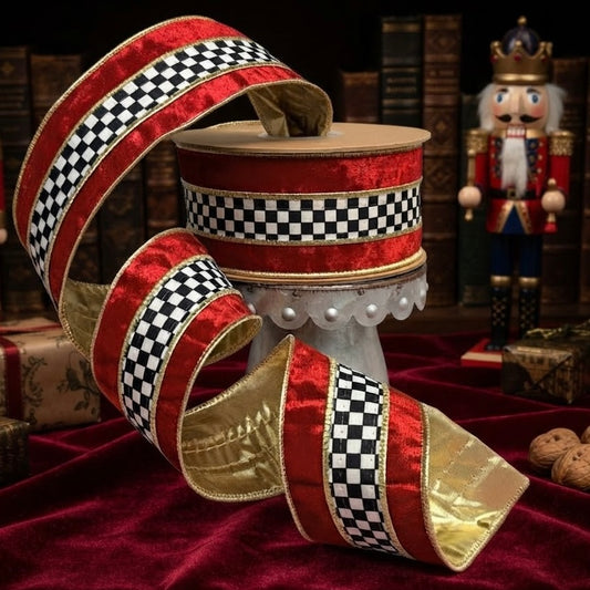 Black-and-White Check & Red Velvet Wired Ribbon- 2 1/2"