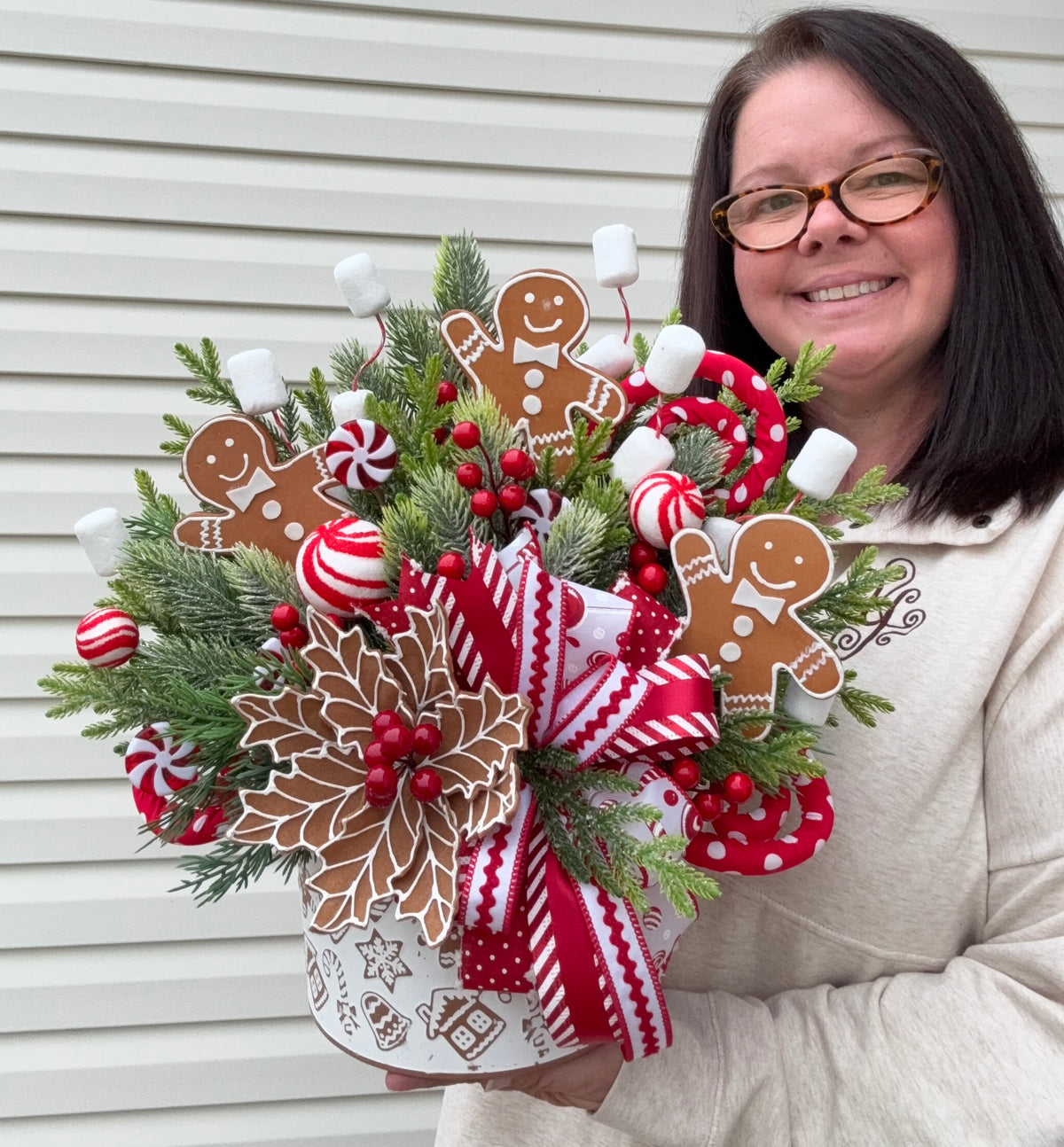 Peppermint & Gingerbread Wonderland Wall Pocket Floral Arrangement | Holiday Decor