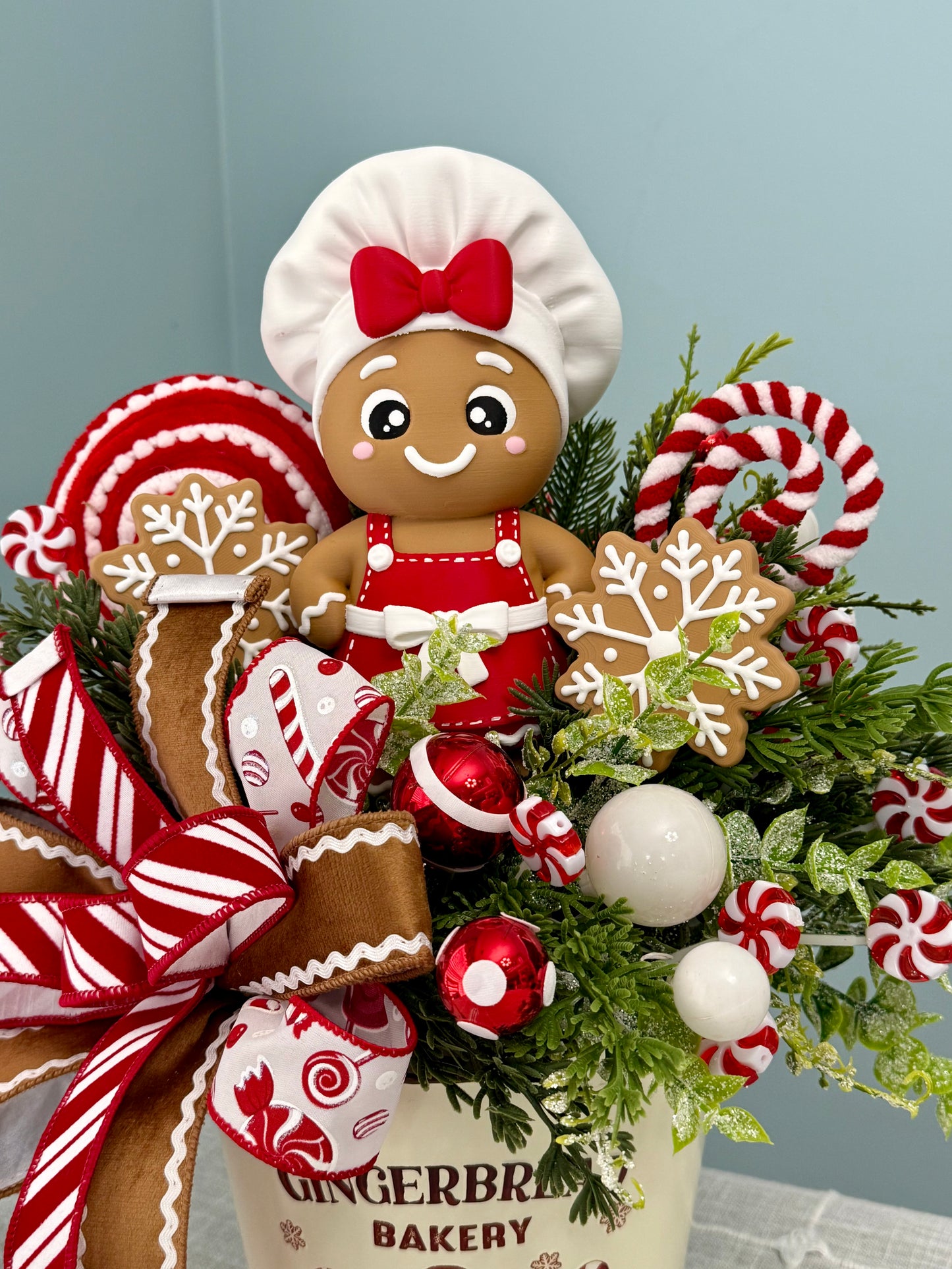 Gingerbread Bakery & Snowflake Winter Floral Arrangement Girl