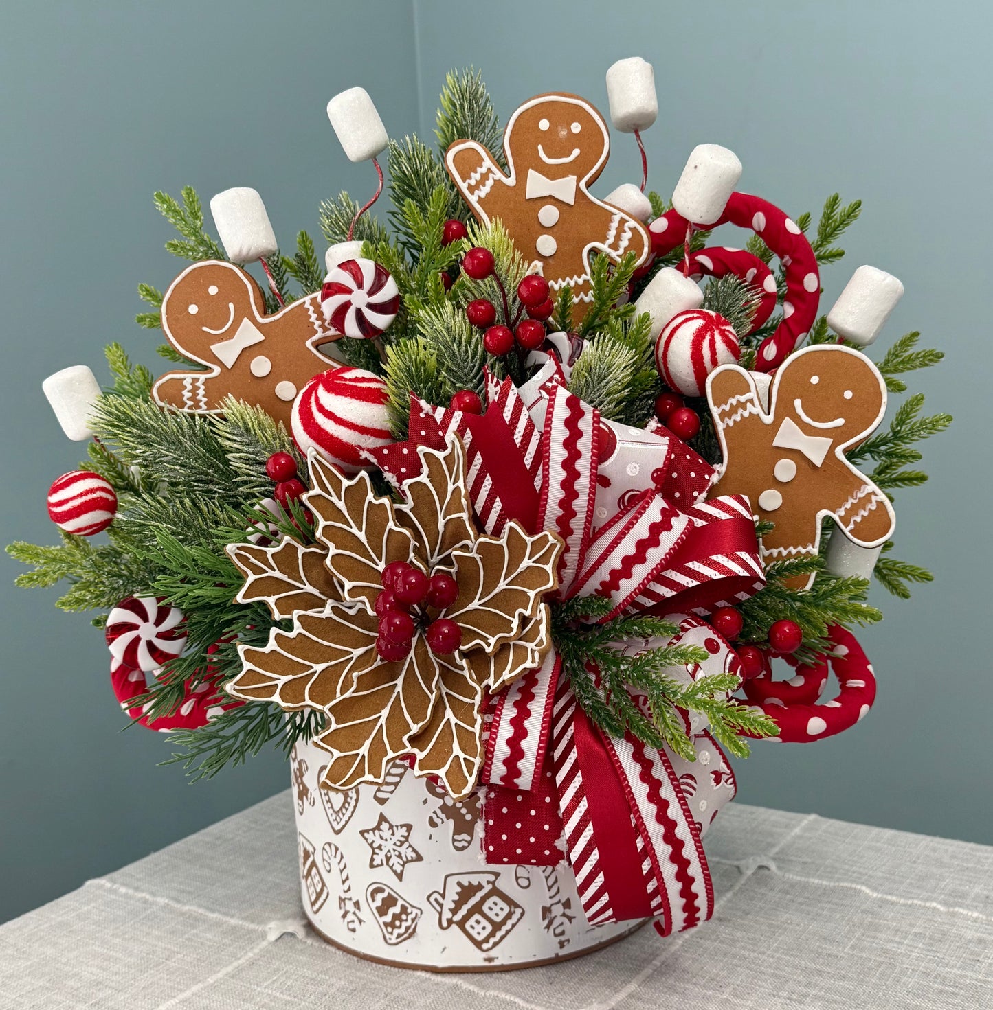 Peppermint & Gingerbread Wonderland Wall Pocket Floral Arrangement | Holiday Decor