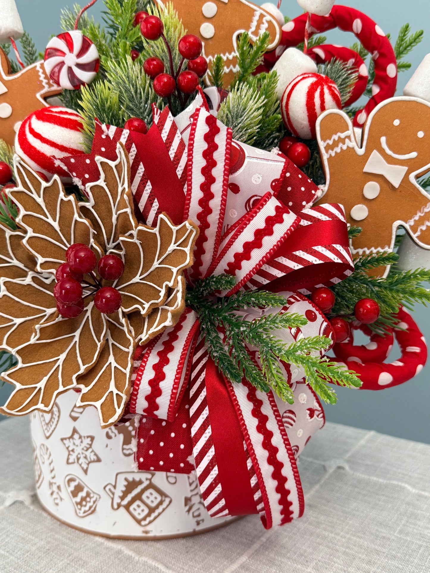 Peppermint & Gingerbread Wonderland Wall Pocket Floral Arrangement | Holiday Decor