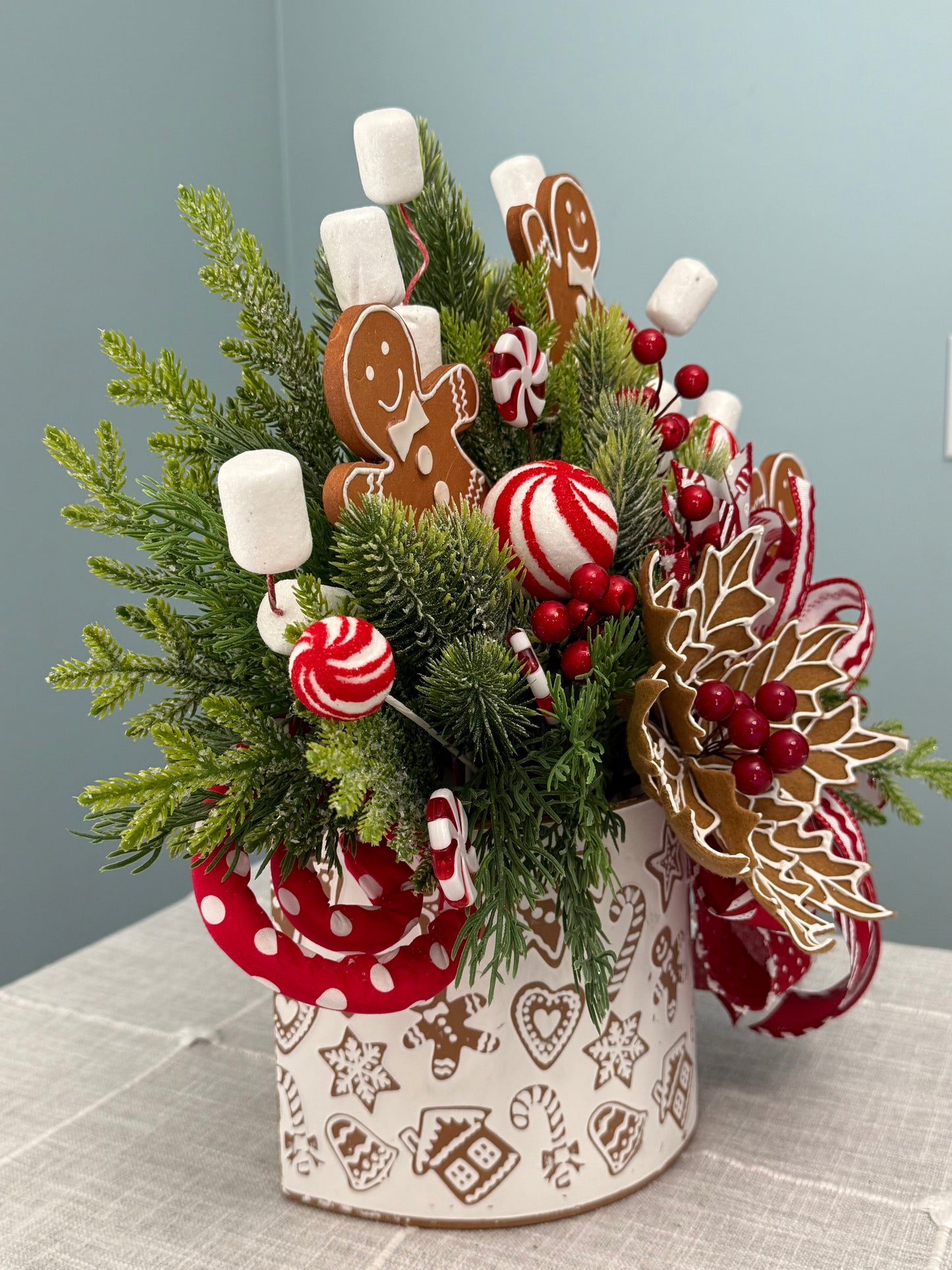 Peppermint & Gingerbread Wonderland Wall Pocket Floral Arrangement | Holiday Decor
