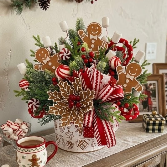 Peppermint & Gingerbread Wonderland Wall Pocket Floral Arrangement | Holiday Decor