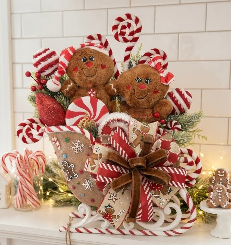 Gingerbread & Peppermint Sleigh Wonderland Floral Arrangement | Holiday Decor
