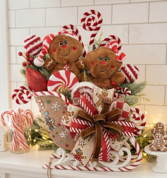 Gingerbread & Peppermint Sleigh Wonderland Floral Arrangement | Holiday Decor