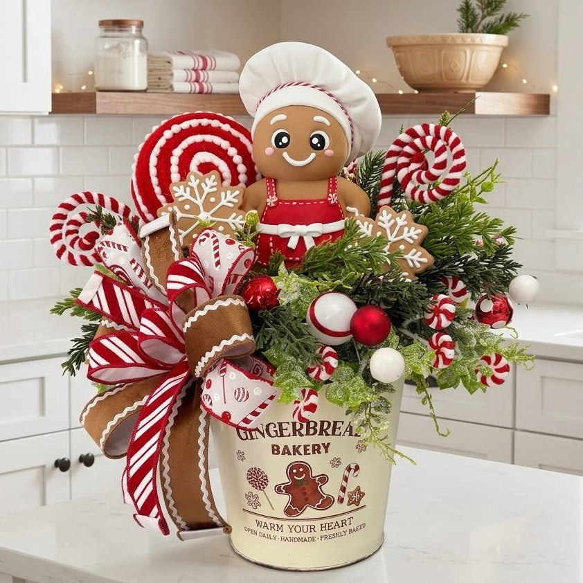 Gingerbread Bakery & Snowflake Winter Floral Arrangement