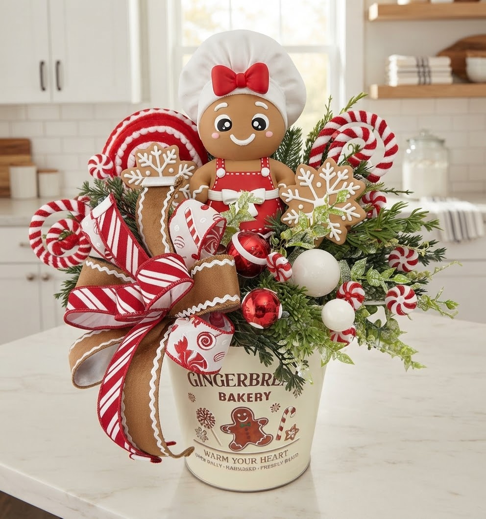 Gingerbread Bakery & Snowflake Winter Floral Arrangement Girl
