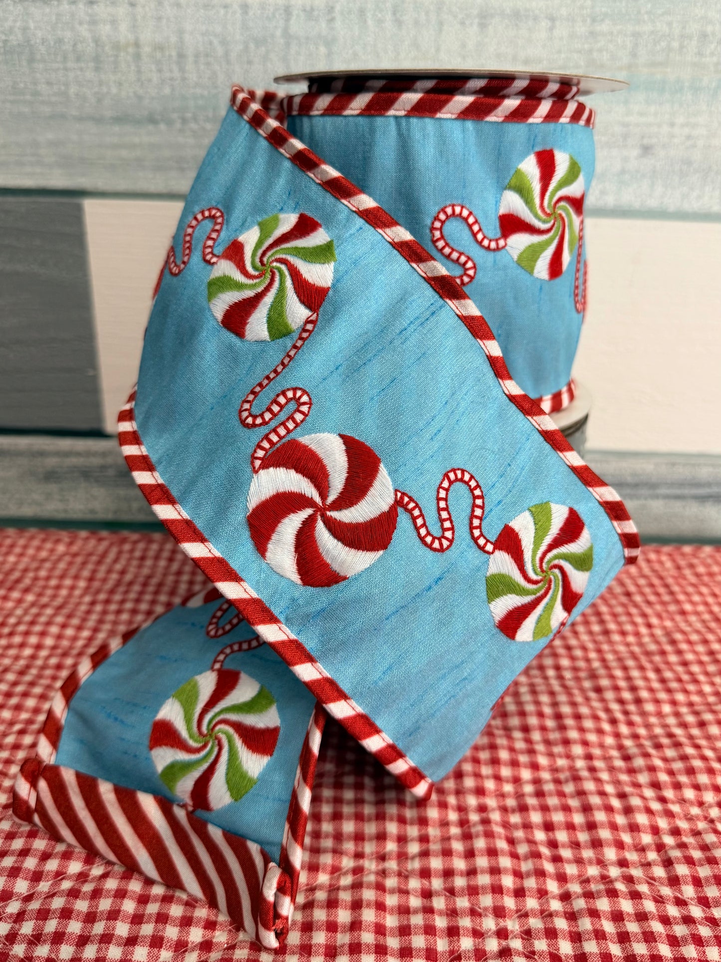 4" x 5Y Dupion Embroidered Peppermint Candy Ribbon (Blue)